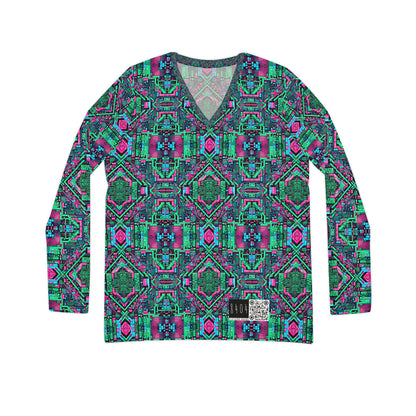 Digital Glitch Vibes Tech-Inspired Streetwear Women's Long Sleeve V-Neck Shirt - 8404 Design-71