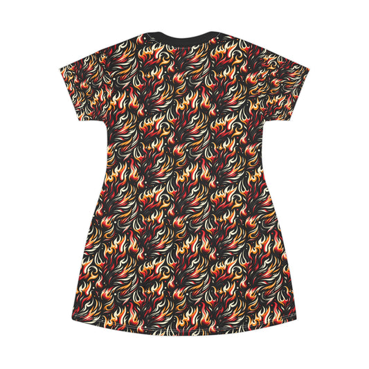 Fire & Flames Bold Streetwear Statement T-Shirt Dress - 8404 Design-60