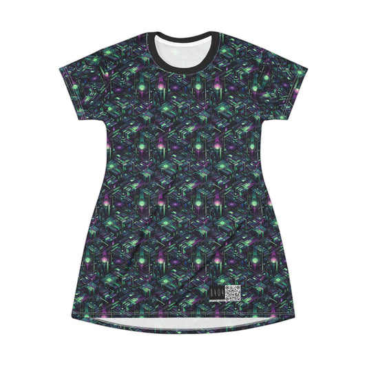 Tech Noir Aesthetics Tech-Forward Urban Dystopia T-Shirt Dress - 8404 Design-43