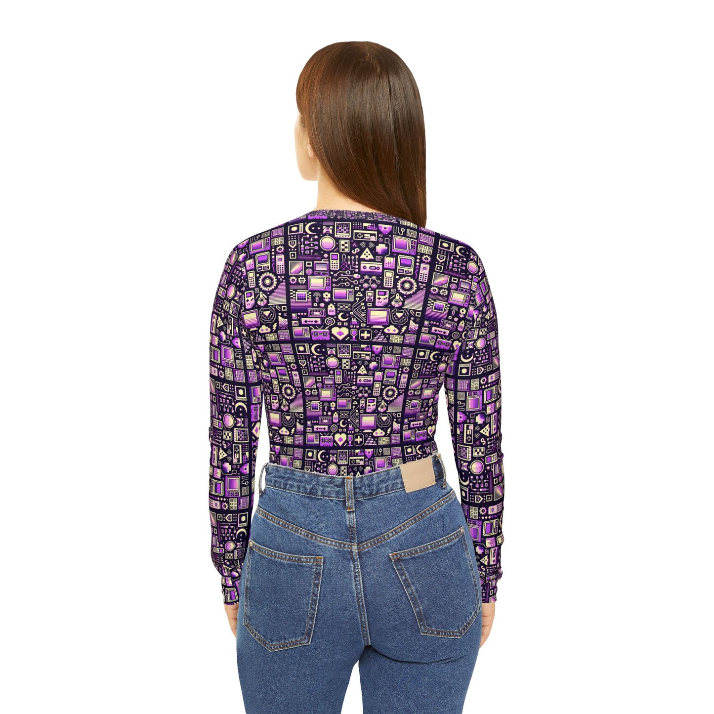 Digital Nostalgia Remix Modern Vintage Fusion Women's Long Sleeve V-Neck Shirt - 8404 Design-54