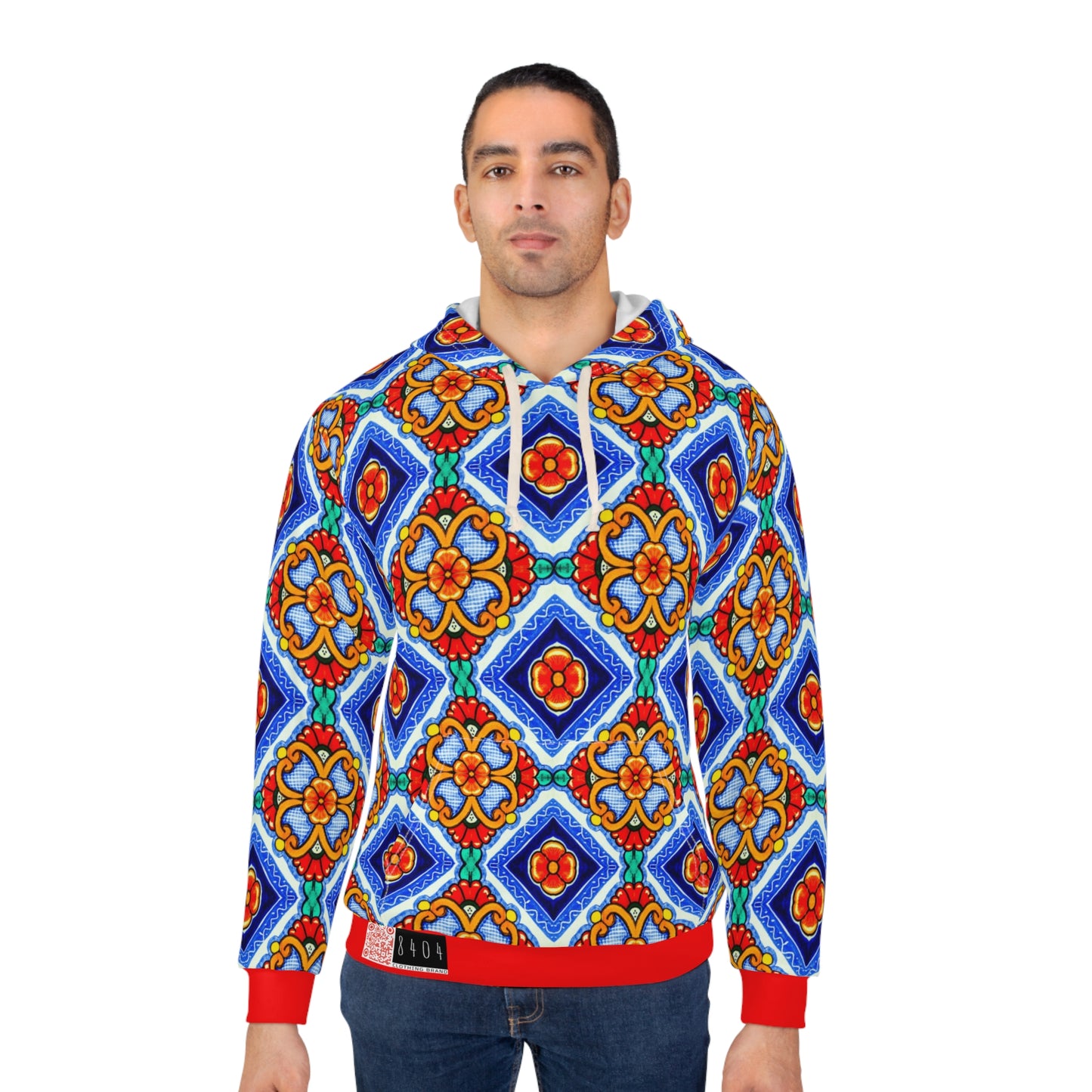 8404 Unisex Adult's "Elegant Retro Mosaic" Fashion Pullover Hoodie in Red