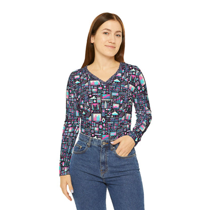 Digital Rebellion Youthful Streetwear with a Rebellious Digital Twist Women's Long Sleeve V-neck Shirt - 8404 Design-71