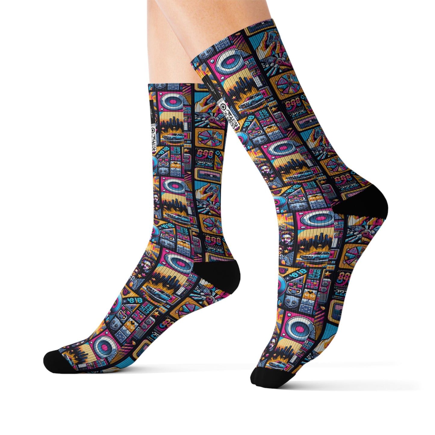 Digital Pop Culture Mashup Maximalist Pop Sublimation Socks - 8404 Design-52